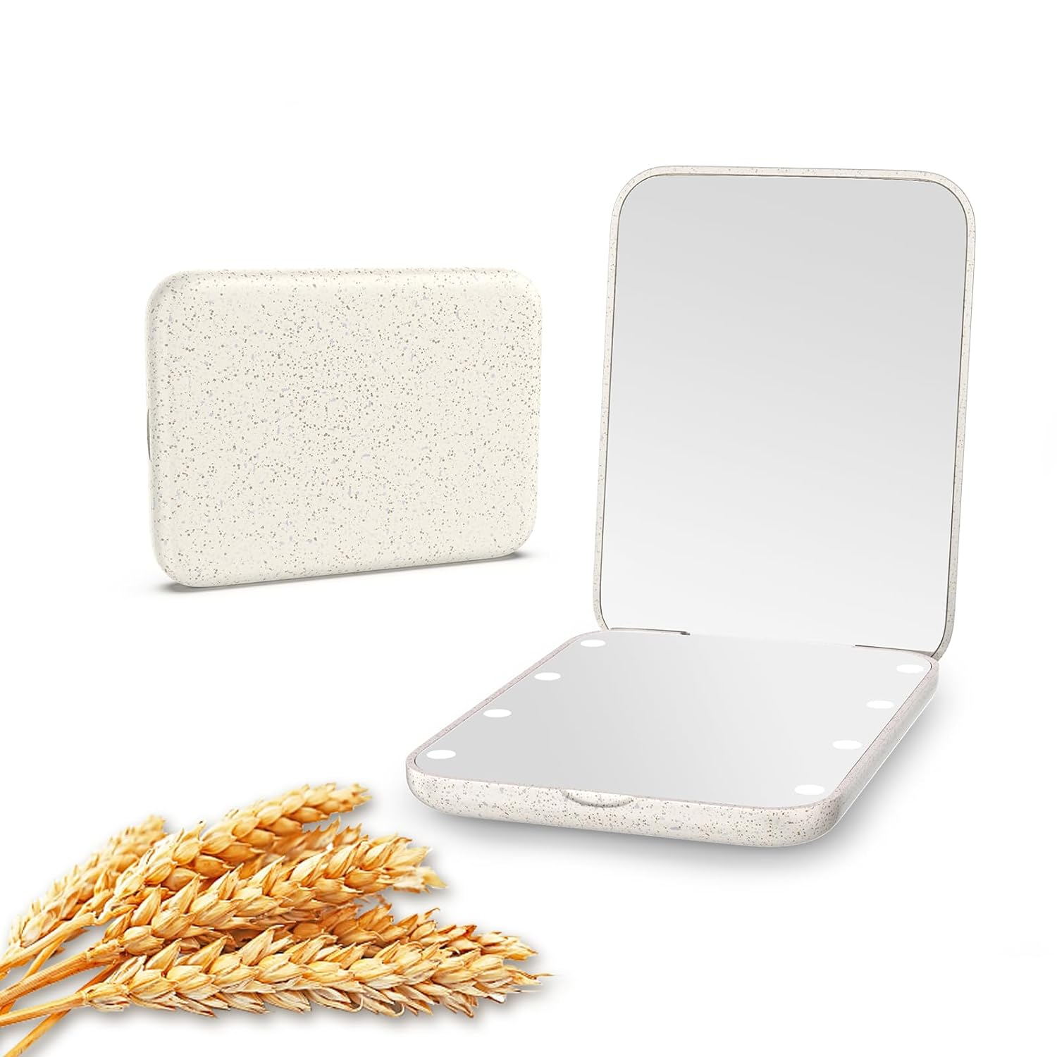 Wheat Straw Compact Mirror, 1X/3X Magnification, Lighted, Folding, Portable, Eco-Friendly, Great Gift