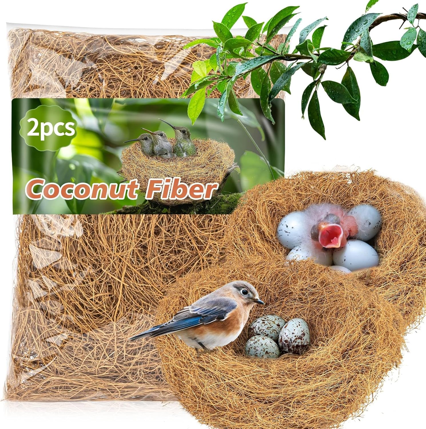 2PCS Coconut Fiber for Bird Nest - Canary Nesting Material Coconut Bird Nest Finch Coconut Fiber Loose Bedding Substrate for Laying Eggs,Resting Materials for Birds, Hummingbird Parakeet