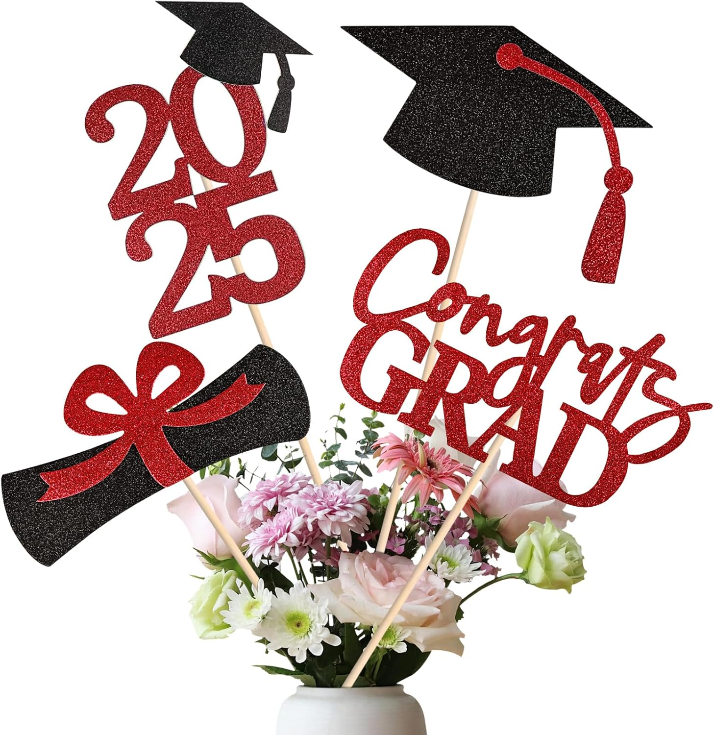 20 PCS Graduation Decorations Class of 2025, Black and Red Double-Sided Centerpieces, Grad Cap Sticks, Table Toppers, Graduation Party Decorations
