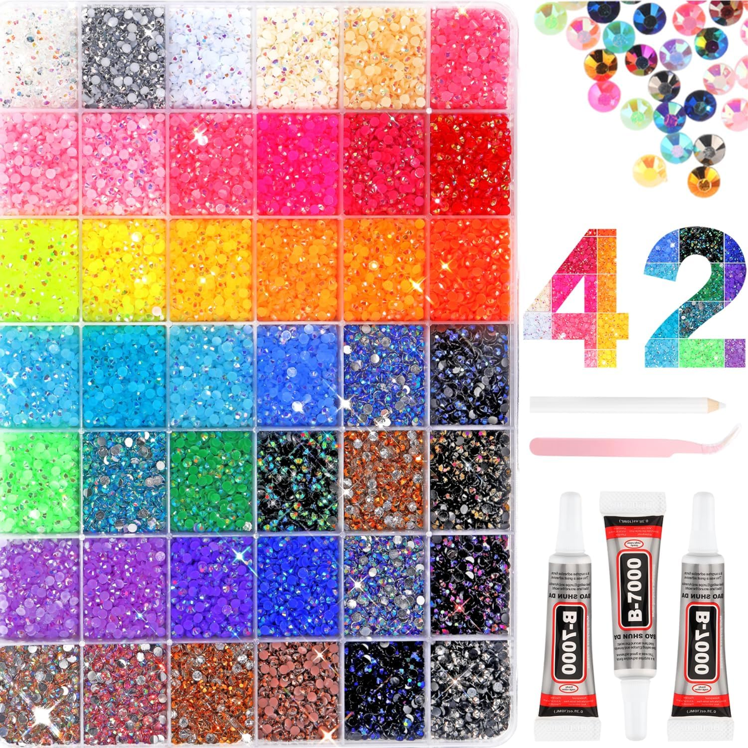 40000Pcs 42 Colors Resin Jelly Rhinestones for Bedazzling, 3Mm Multicolor Resin Flatback Gems for Diamond Art, Bedazzler Kit with 3Pcs 10Ml B7000 Jewelry Glue for DIY Crafting Book Shoes