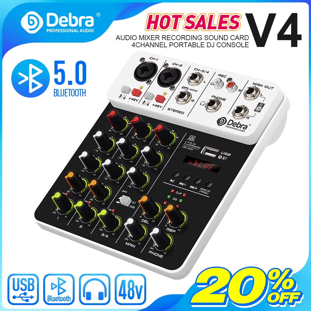 V4 4 Channels Audio Mixer With Bluetooth USB 48V Phantom Power Delay Repaeat Effect For Sound Mixing Console PC Recording