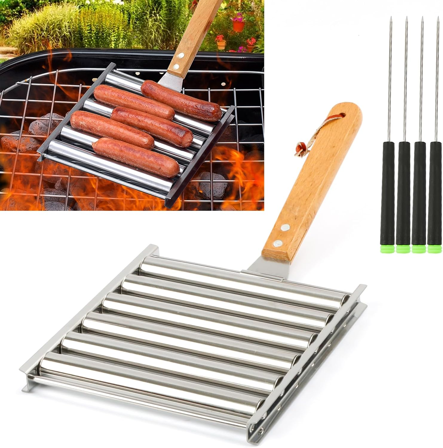 Hot Dog Roller for Grill Stainless Steel BBQ Hot Dog Grill Roller with Wooden Handle, Sausage Roller Rack for Evenly Cooked Hot Dogs, 4 BBQ Skewers Included, 5 Hot Dog Capacity, Medium