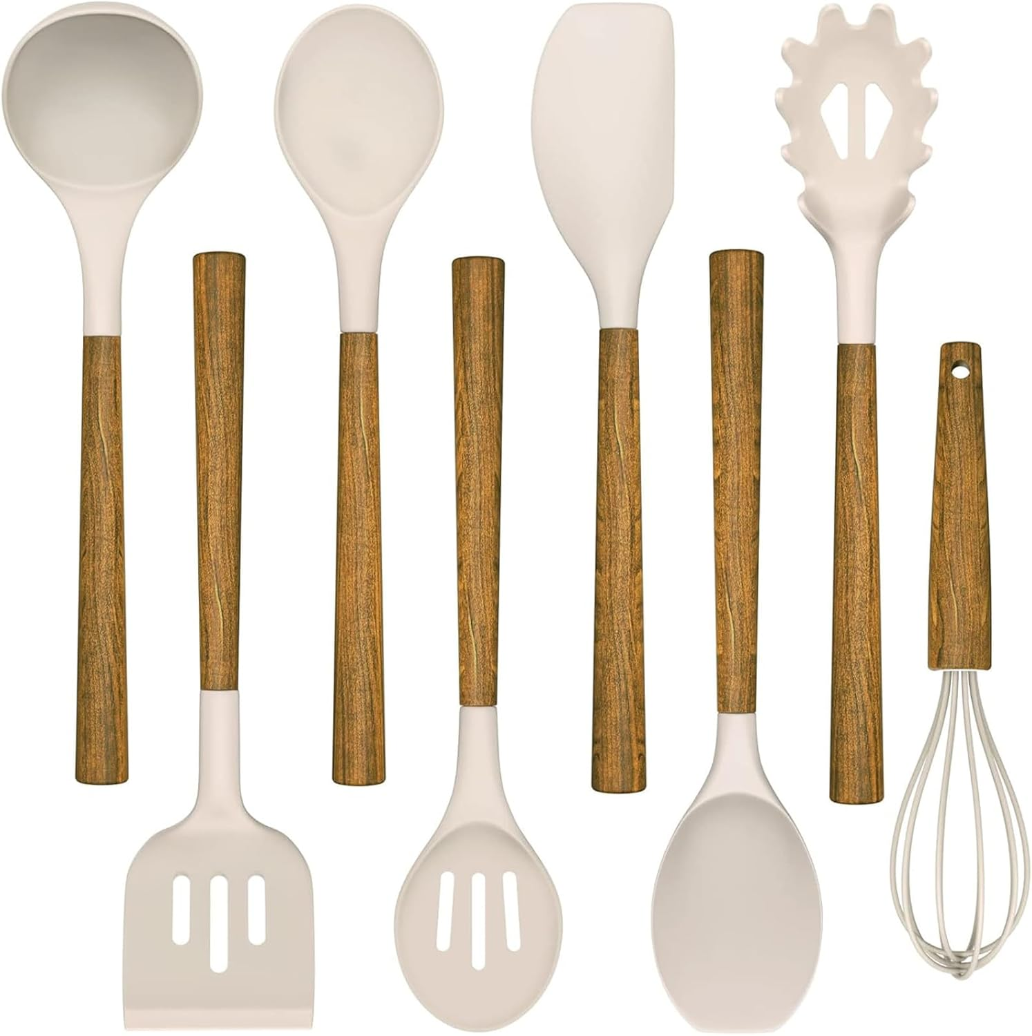 Silicone Cooking Utensil Set, 8-Piece Kitchen Utensils Set with Natural Acacia Wooden Handles, Silicone Kitchen Gadgets and Spatula Set for Nonstick Cookware - Khaki