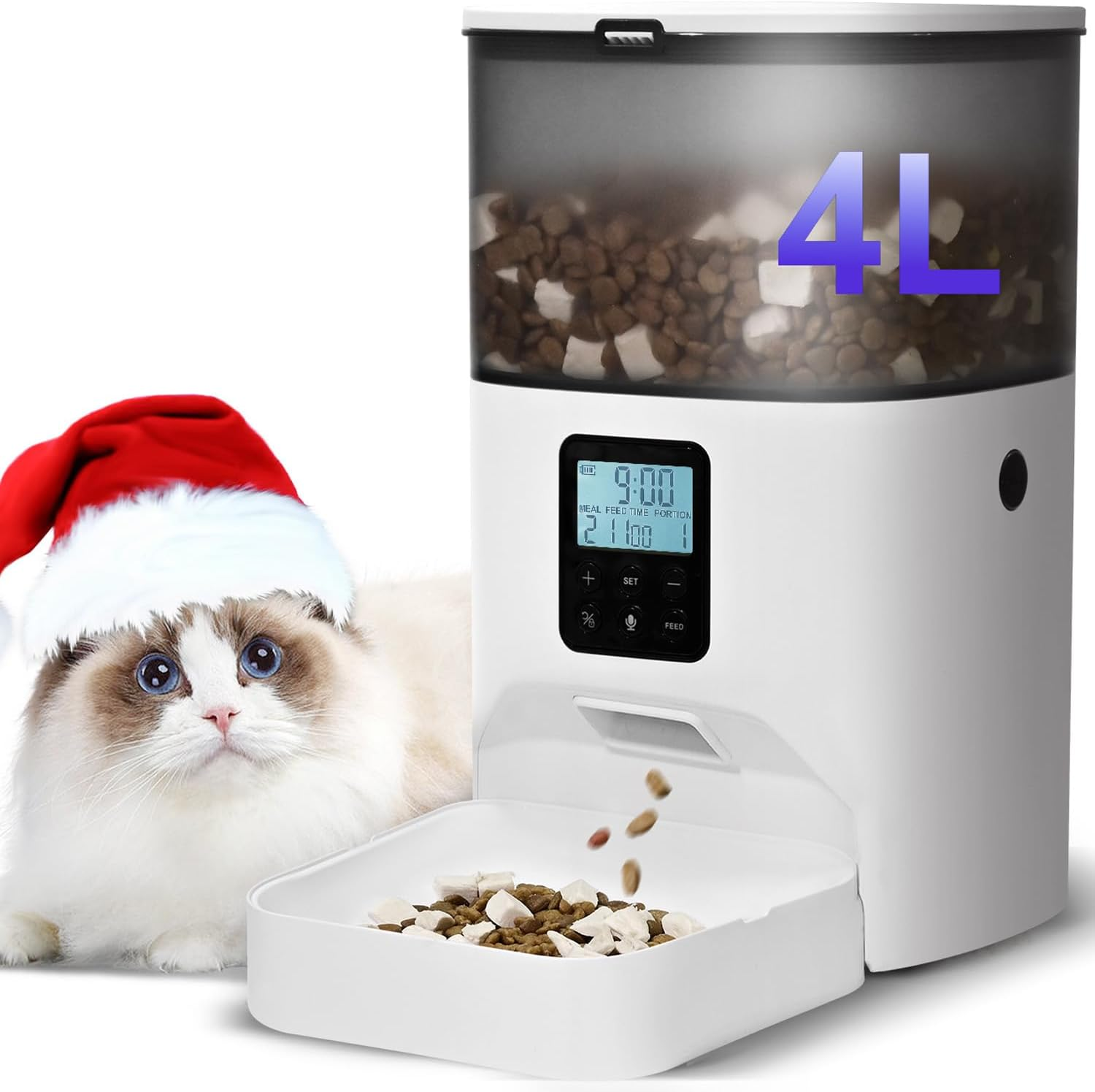 Automatic Cat Feeder, 4L Cat Food Dispenser with 10S Voice Recorder, Pet Feeder up to 8 Meals per Day, Timed Dog Feeder with Dry Food Sealed Ring