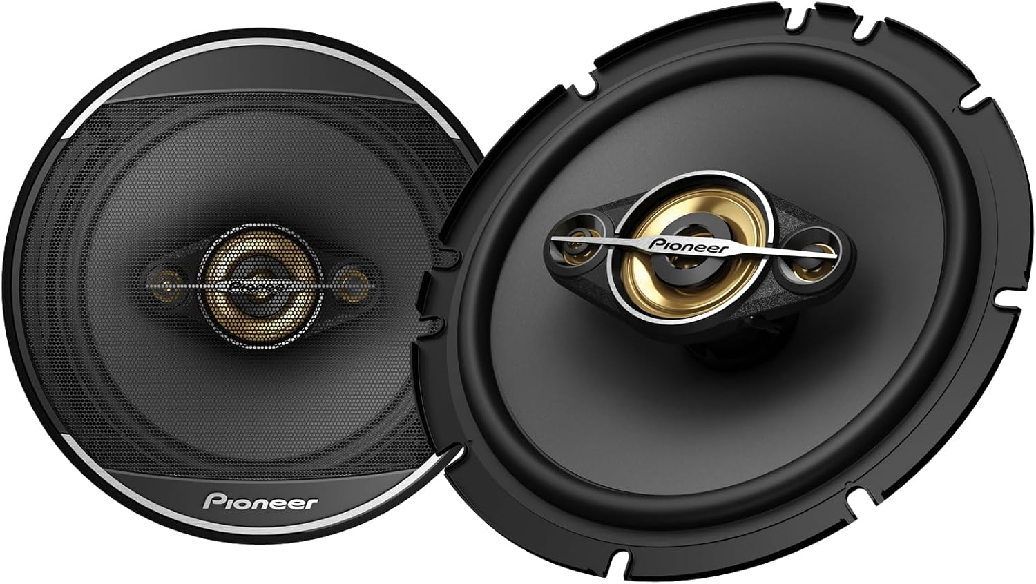 TS-A1681F, 4-Way Coaxial Car Audio Speakers, Full Range, Clear Sound Quality, Easy Installation and Enhanced Bass Response, Black and Gold Colored 6.5” round Speakers
