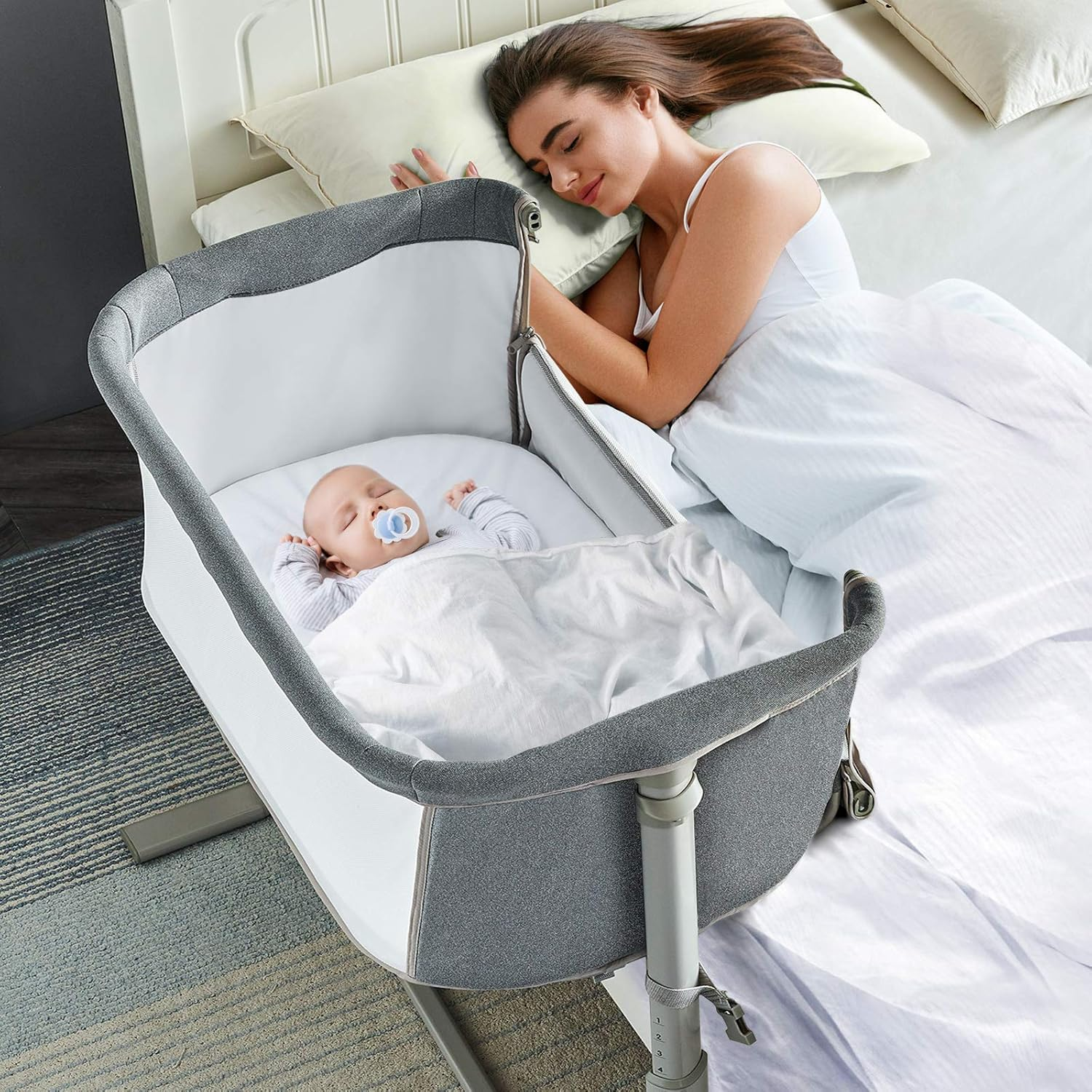 Baby Bassinet Bedside Sleeper, Easy to Assemble Bassinets for Baby/Infants, Height Adjustable Bedside Bassinet for Newborn Baby