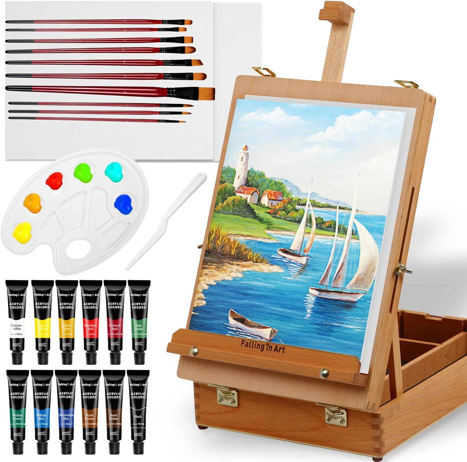 Beechwood Easel Box Set, 27 Pcs Tabletop Acrylic Paint Set, Portable Display Easel Stand with 12 Acrylic Paints, Canvas Panels and Brushes, Suitable for Beginners and Professionals