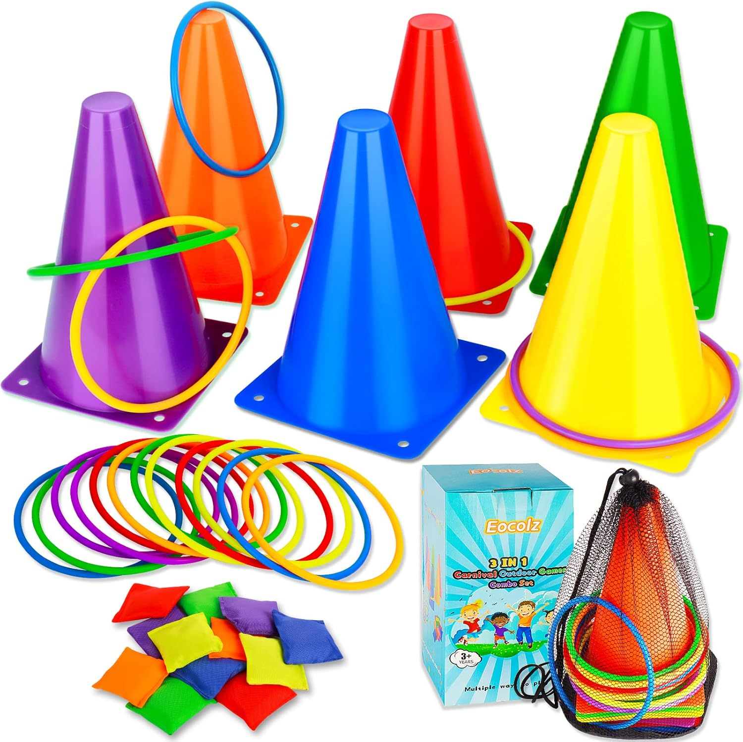3 in 1 Carnival Games Set, Soft Plastic Cones Bean Bags Ring Toss Games for Kids Birthday Party Outdoor Games Supplies 32 Piece Combo Set