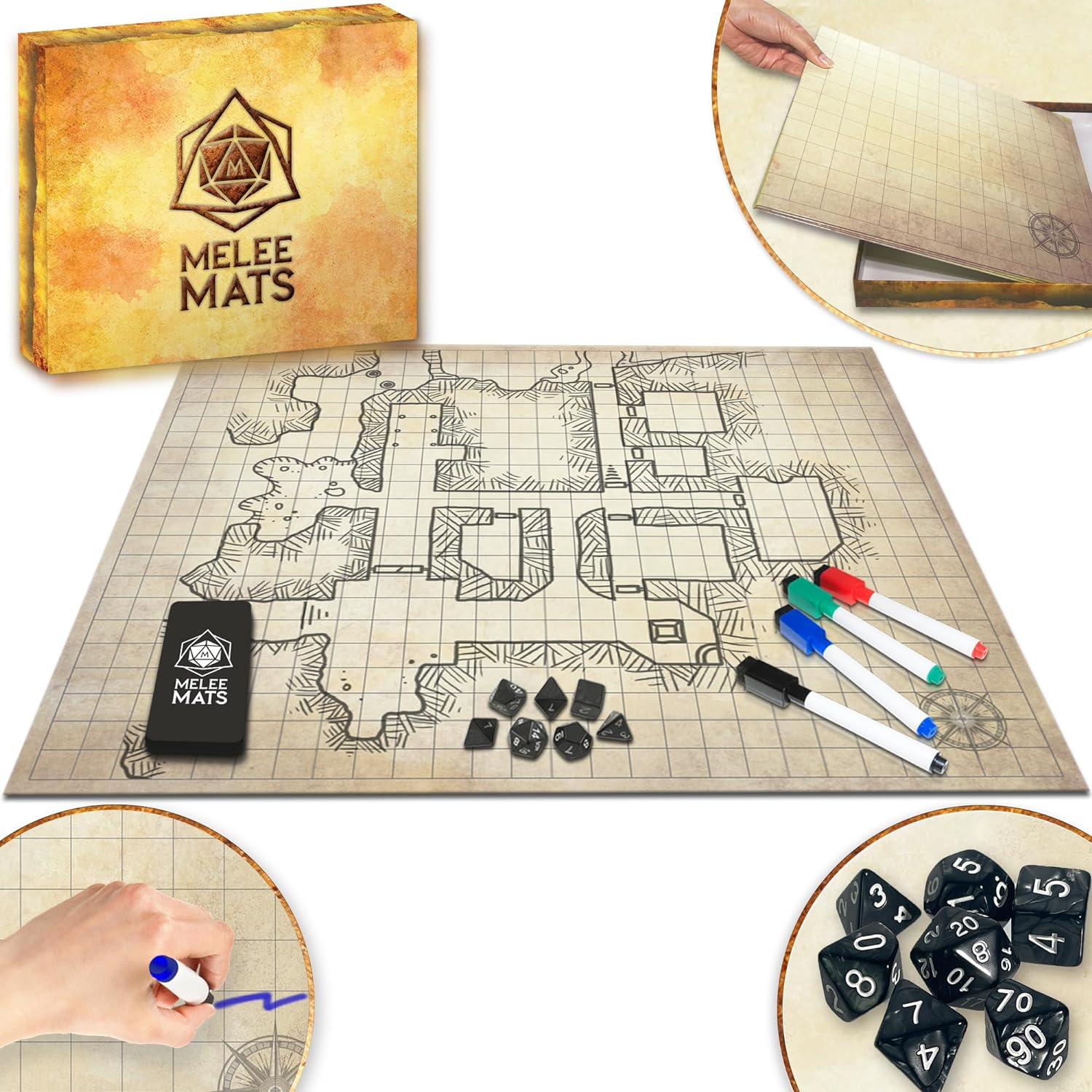 DND Map Starter Set - 23” X 27" Double Sided, Wet & Dry Erase Battle Terrain Grid for Dungeons and Dragons - Tabletop Board Gaming Kit with Accessories