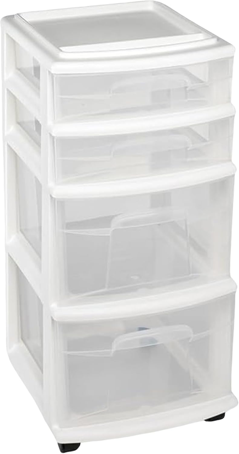 Drawer Tower, 4-Tier Clear Plastic Storage Organizer Cart, White Frame – Rolling Containers with Wheels for Bathroom, Bedroom, Office, and Classroom Organization