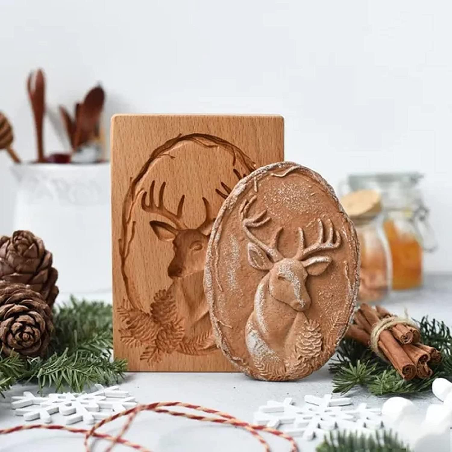 Reindeer Gingerbread Cookie Molds - Wooden Biscuit Mold & Embossing Press