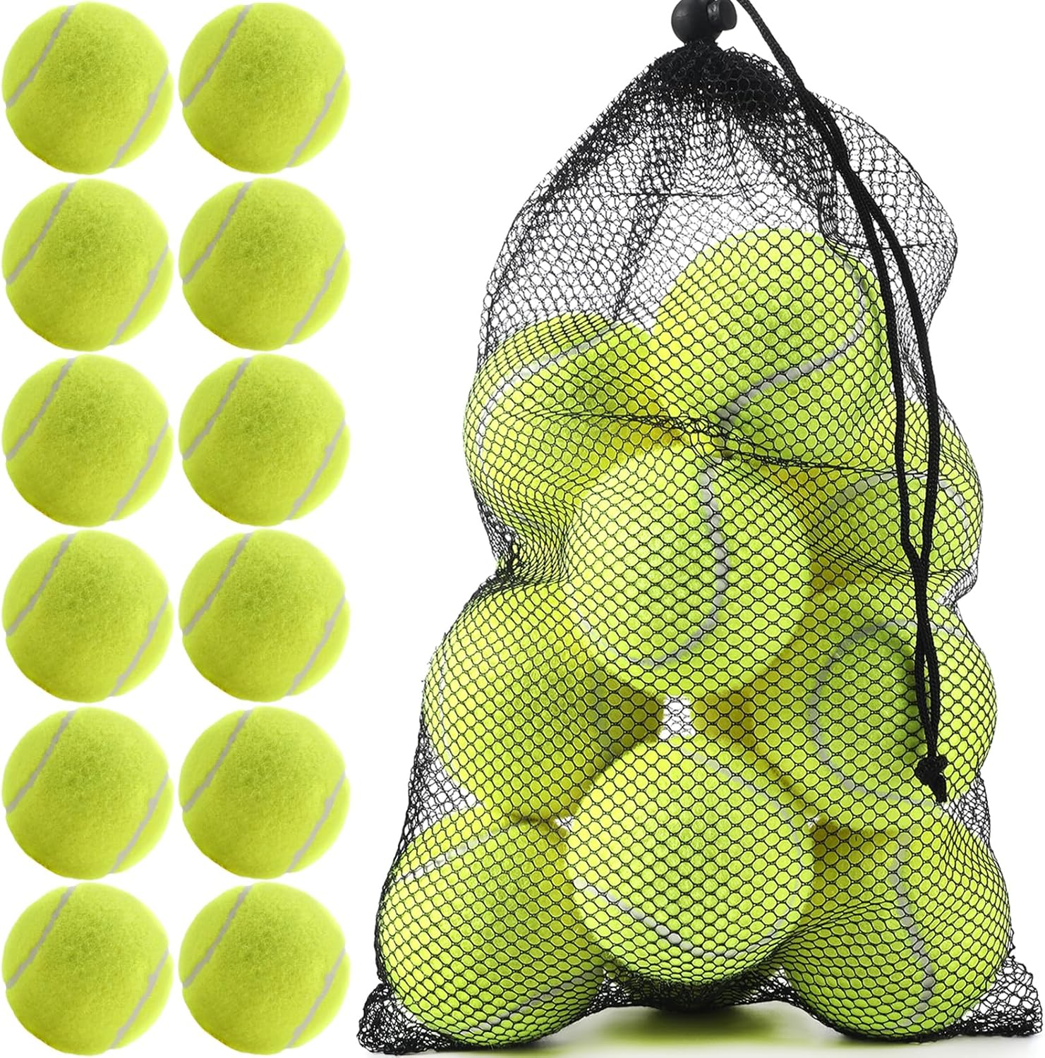Bulk Tennis Balls for Beginner – 12 Pack High Elasticity Practice Tennis Balls with Mesh Bag, Suit for Pet Dog Training, Fetching