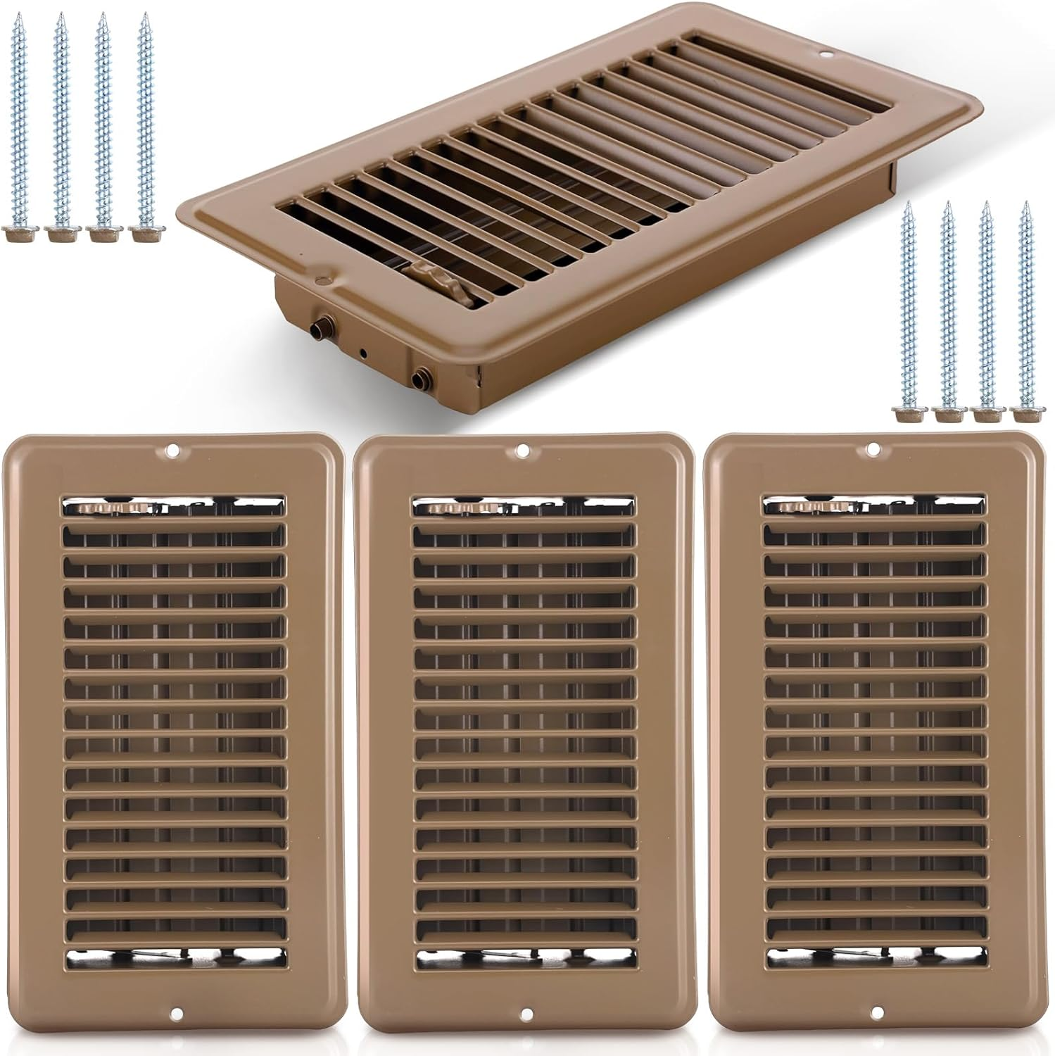 4 Pack 4X8 Inch Floor Register, Brown Rv Heater Vent Cover Heavy Duty Metal Floor Vent Covers Register Vents for Rv Mobile Home Heater AC Ventilation (Brown)