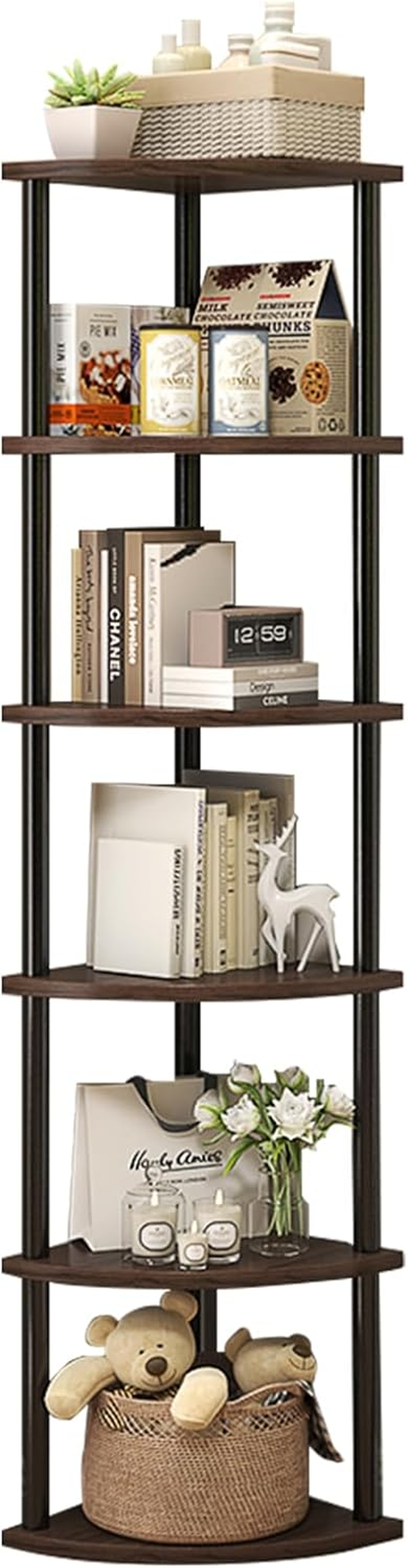 Corner Bookshelf, Storage Standing Shelf Unit with Metal Framecorner Shelf Stand, (Walnut, 6 Tier)