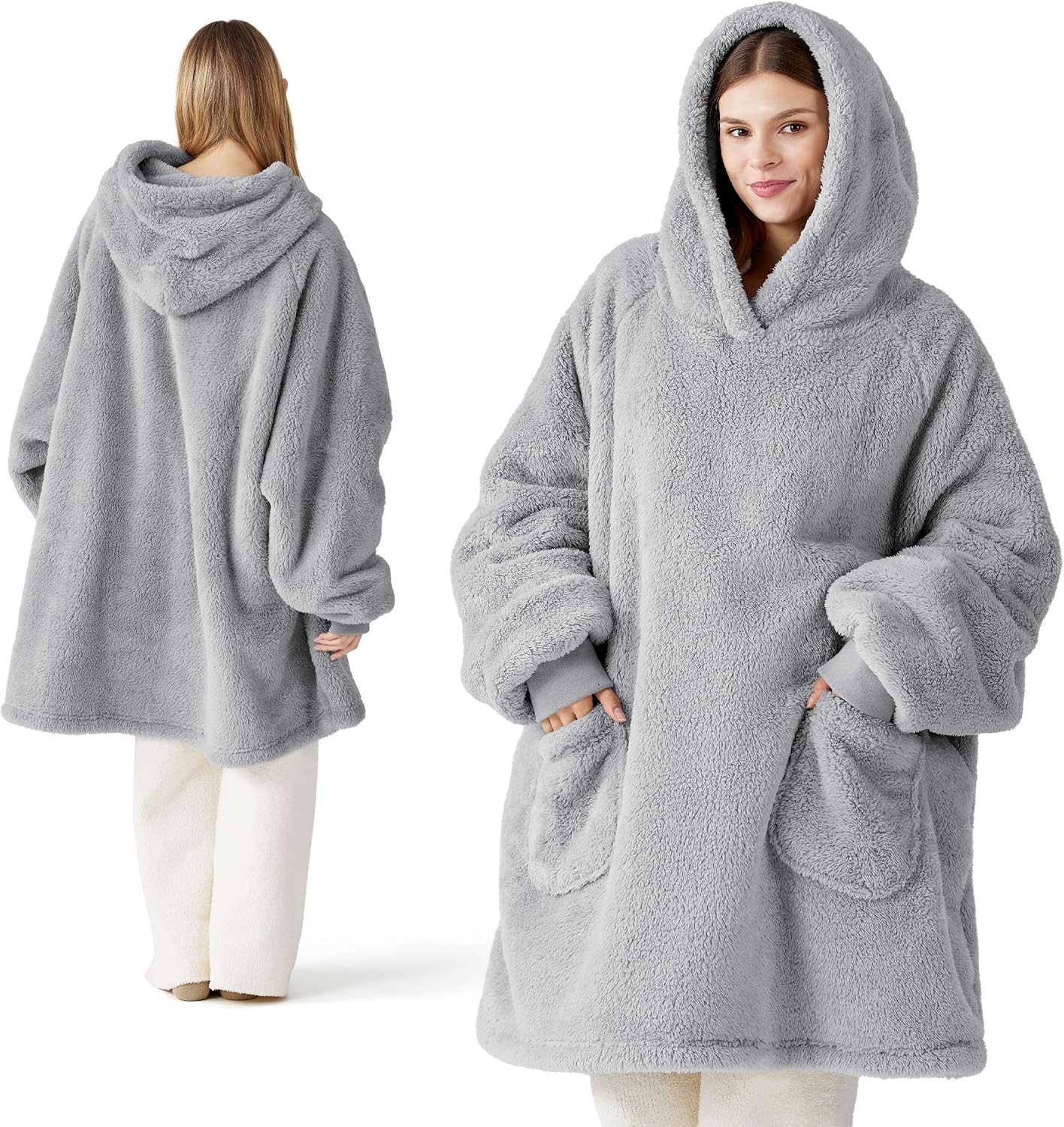 Wearable Blanket Hoodies for Women- Gifts for Girlfriend, Warm Cozy Fluffy Birthday Christmas Gifts for Women, Wife, Soft Sweatshirt, Oversized Hooded Blankets with Sleeves, Grey