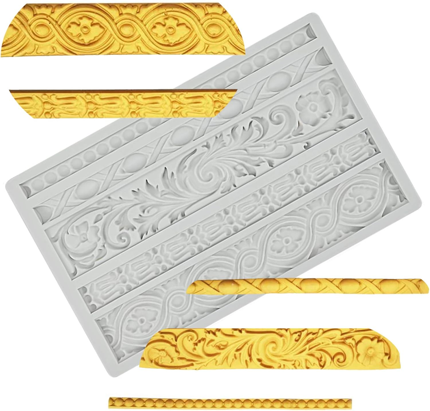DIY Baroque Scroll Relief Cake Border Silicone Mold/Vintage Curlicues Fondant Molds Flower Frame Edible Lace Mould Mat for Birthday Candy Chocolate Sugarcraft Gum Paste Decorating Tool