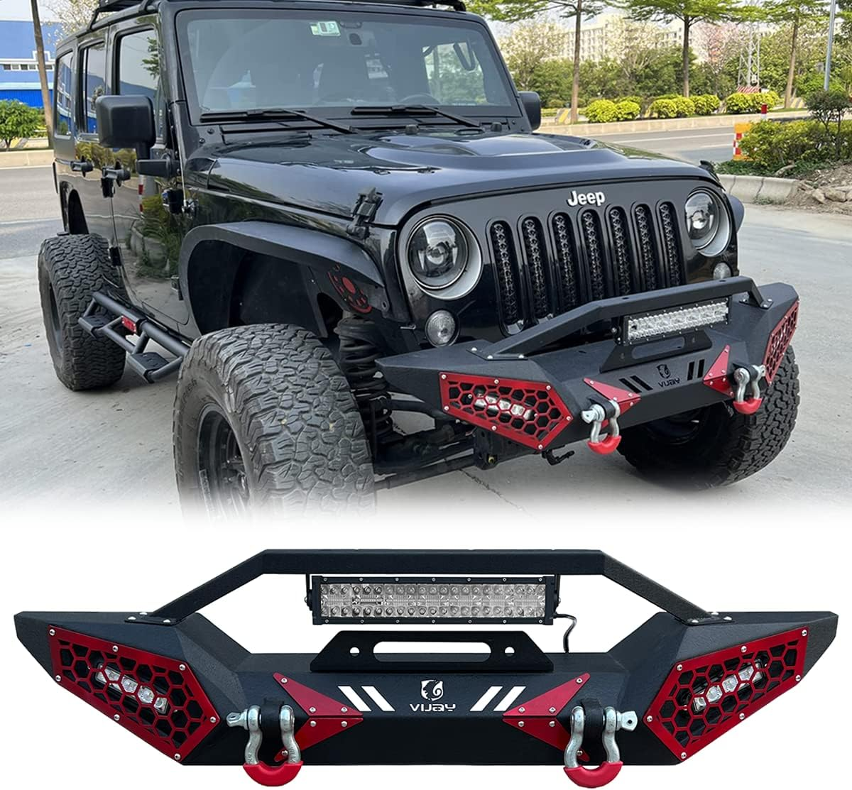 Texture Black New Steel Front Bumper with Winch Plate&Led Spotlights&D-Rings Fit 2007-2024 Wrangler JK/JL&2020-2024 Gladiator JT