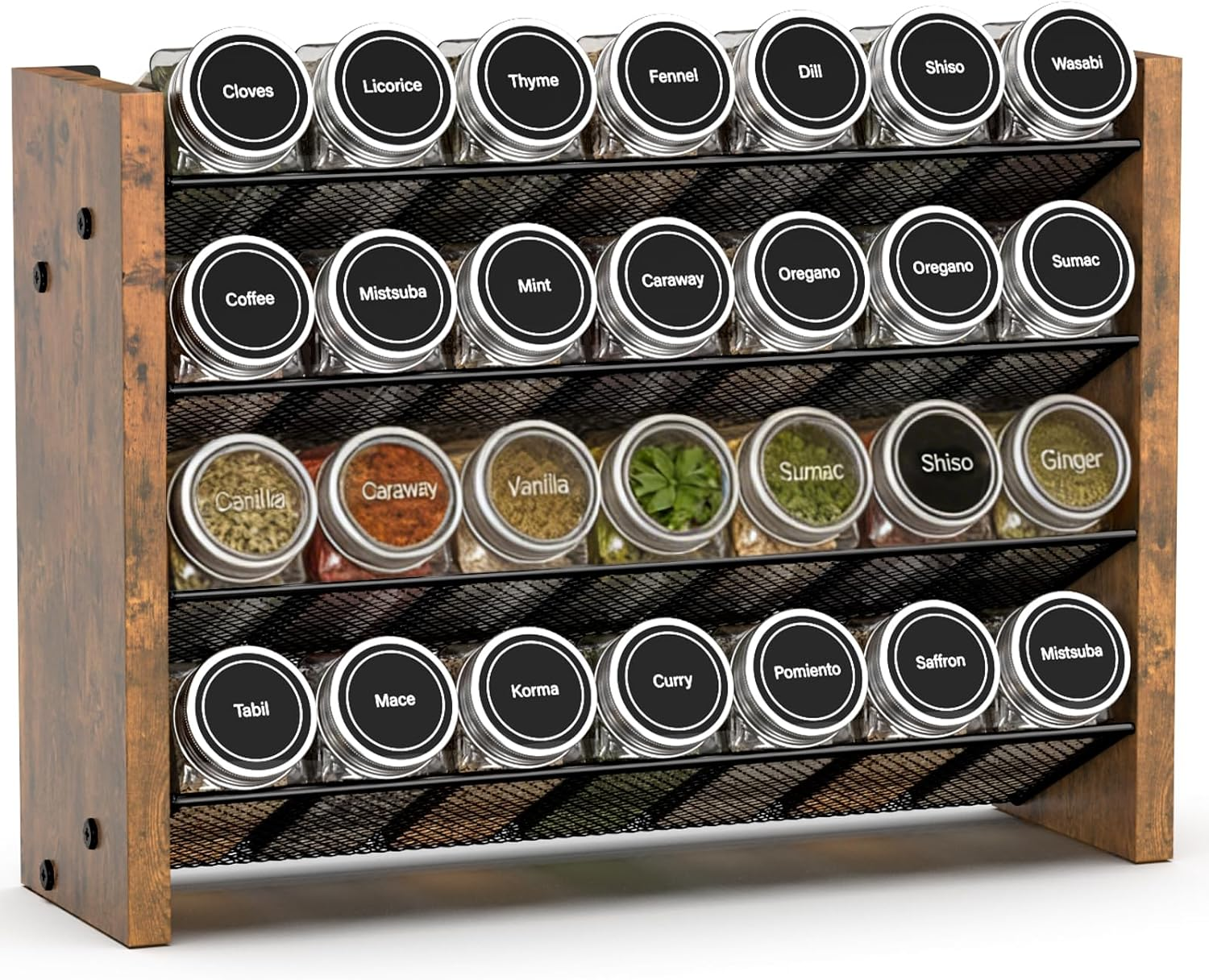 Spice Rack Organizer for Cabinet, Wood 4-Tier Vertical Seasoning Organizer, Wall Mount or Countertop Spice Shelf, Holds 28 Jars (No Jars Included), 14