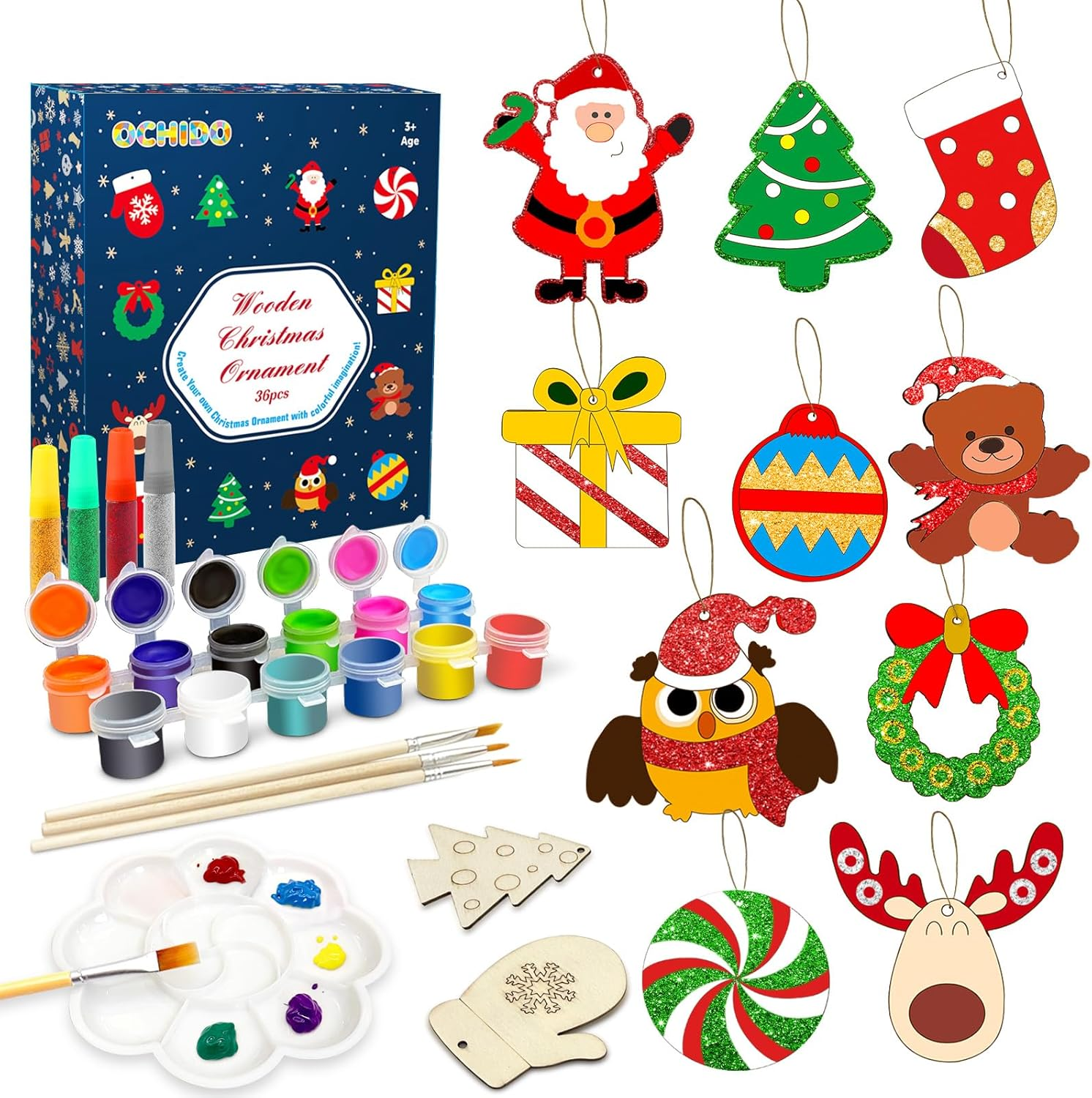 36 Pcs Wooden Christmas Ornaments for Hanging Decorations,12 Styles Unfinished Wooden Slices with Holes for Paintable Crafts,Kid DIY Craft Gift Toys with Paint Set for Girls and Boys Ages 5-12