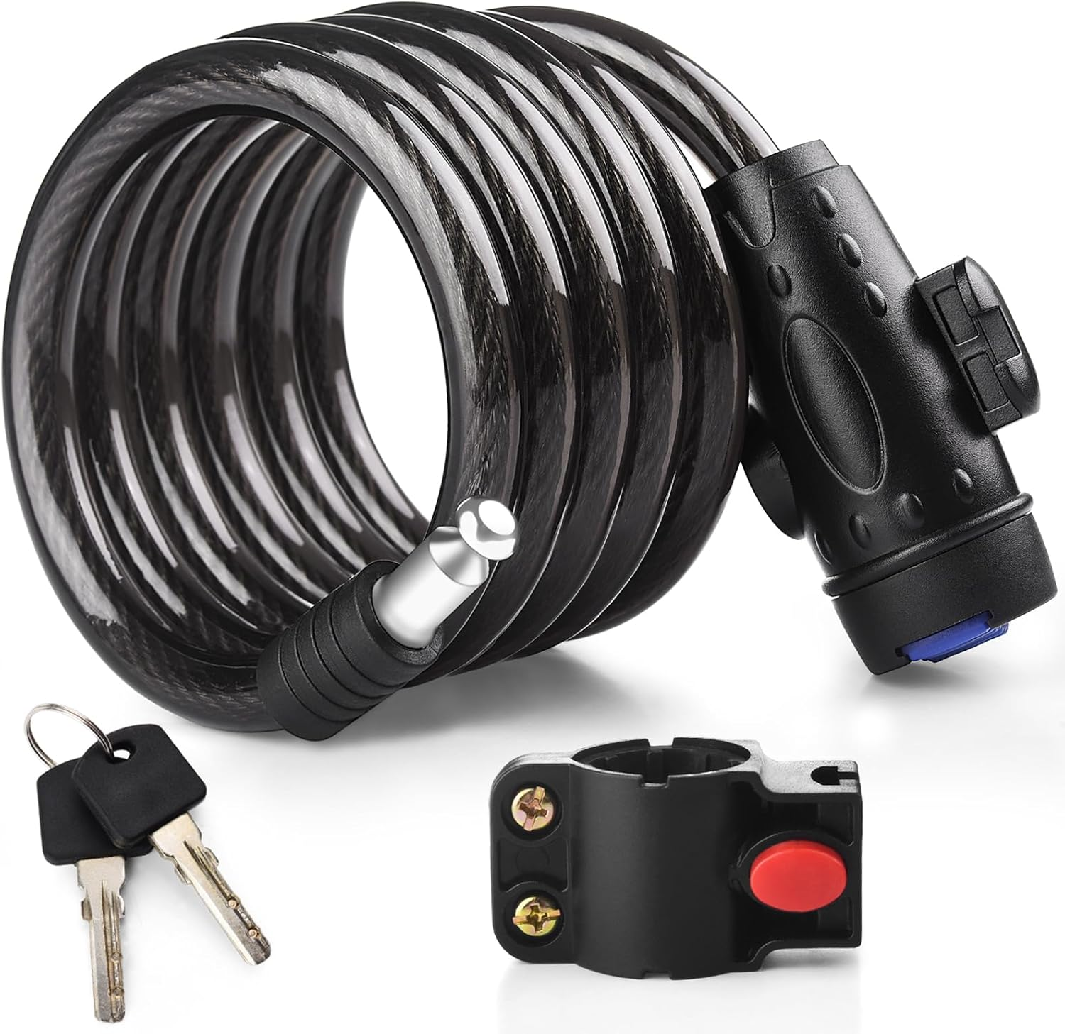 Key Bike Lock, 4ft Security Bike Cable Lock, 12mm Thick Steel Coiled Cable Lock, Weatherproof Heavy Duty Bicycle Lock Key with Mounting Bracket for Bike Motorcycle Scooter Skateboard