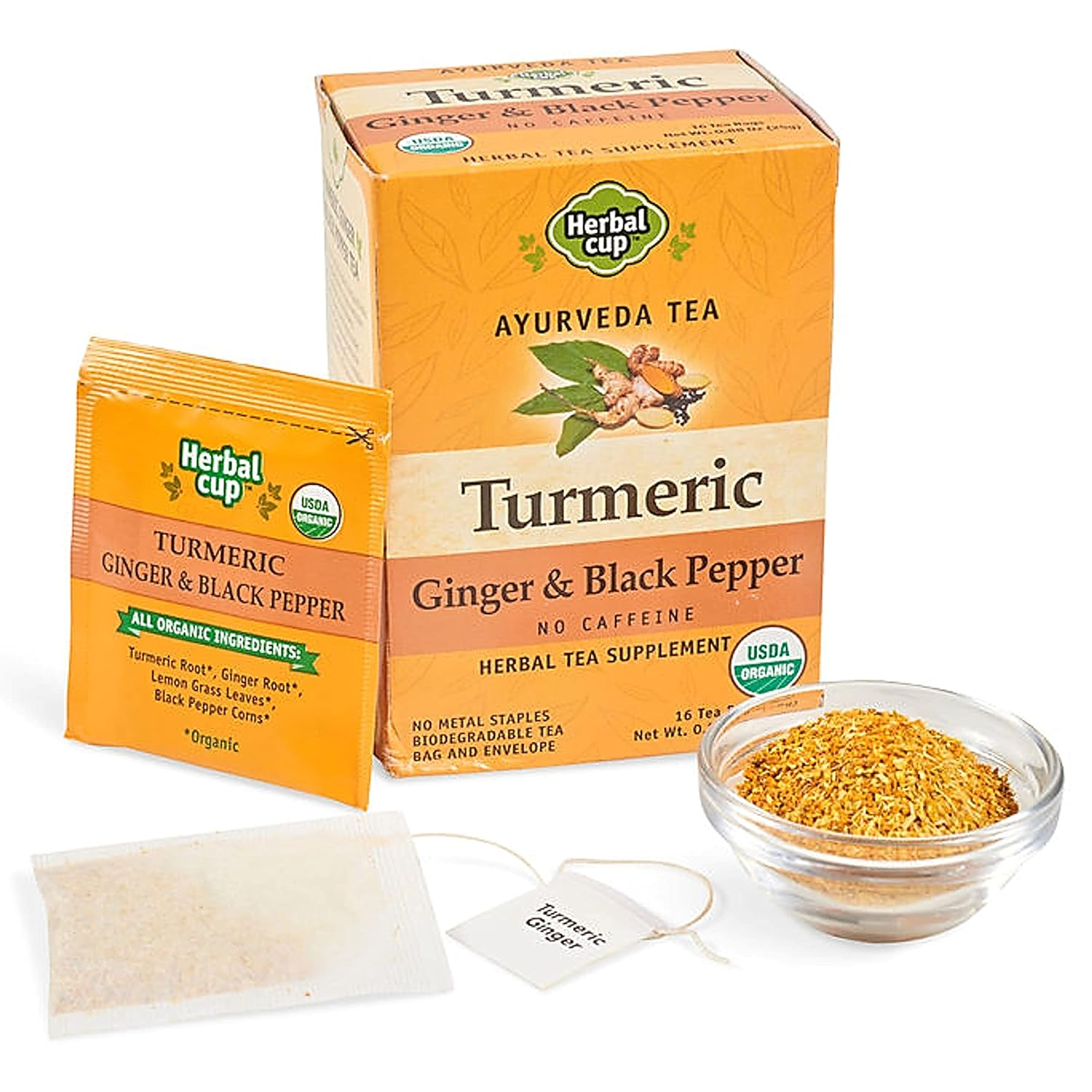 Herbal Cup Ayurveda Turmeric Tea, Organic Ginger & Black Pepper, No Caffeine Herbal Supplement (16 Count, Pack of 6)