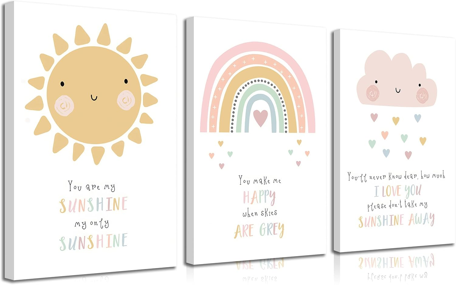 3Pcs Pink Nursery Canvas Wall Art Kids Bedroom Baby Girls Toddler Pastel Wall Decor Pictures Cute Sun Rainbowdark Clouds Posters Prints for Classroom School Nursery Decoration Ready to Hang