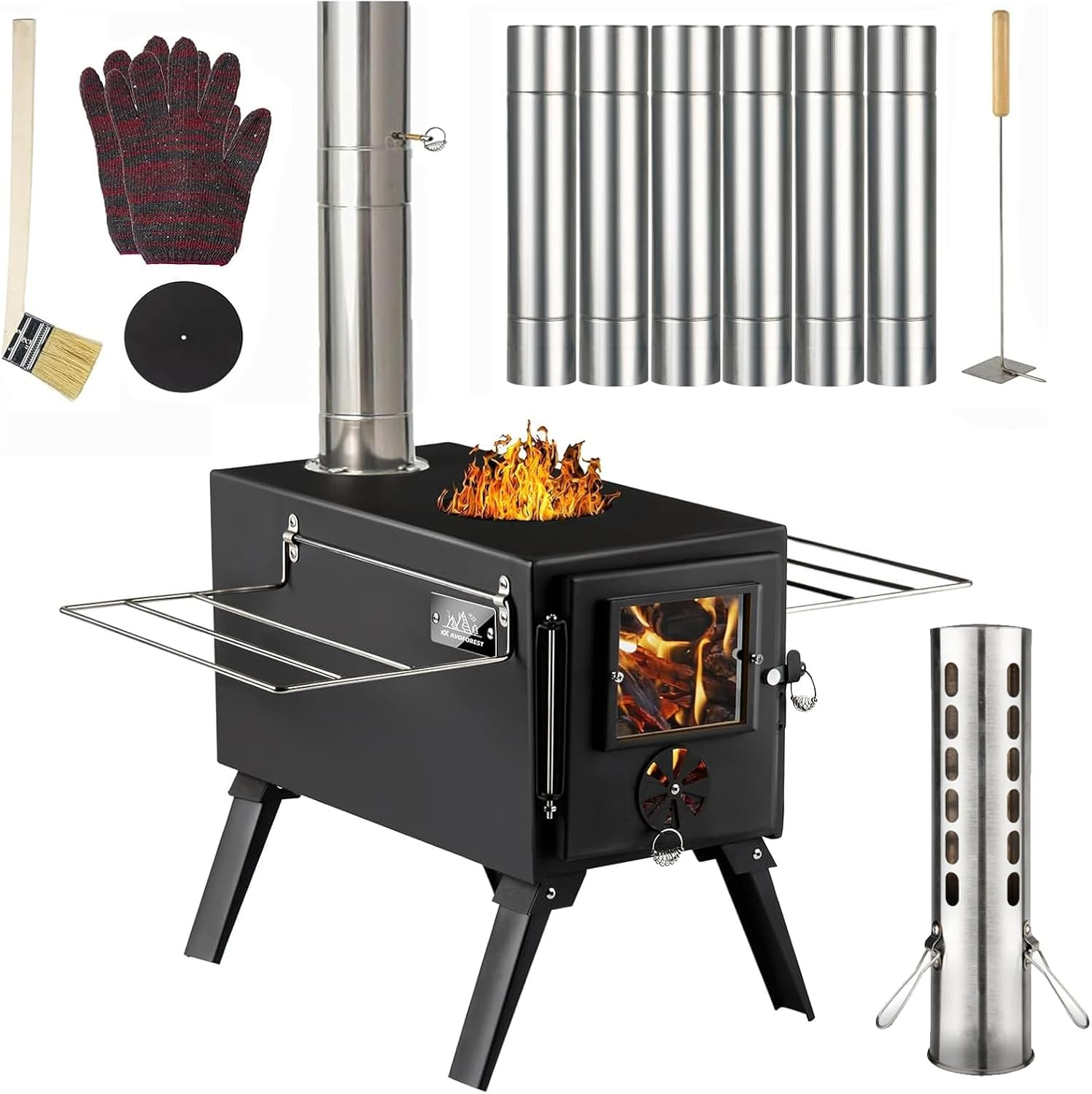 Hot Tent Stove, Wood Burning Stove,Small Wood Stove with 7 Stainless Chimney Pipes for Outdoor Heating & Cooking, Ice Fishing, Hunting