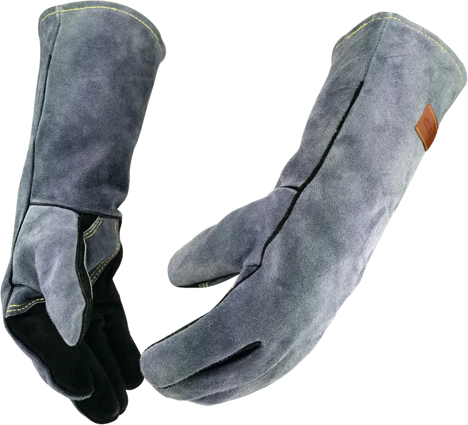 16 Inches,932℉,Leather Welding Gloves, Heat/Fire Resistant,Large Mitts for Bbq,Oven,Grill,Fireplace,Tig,Mig,Forge,Baking,Furnace,Stove,Pot Holder,Animal Handling Glove.L Black-Gray