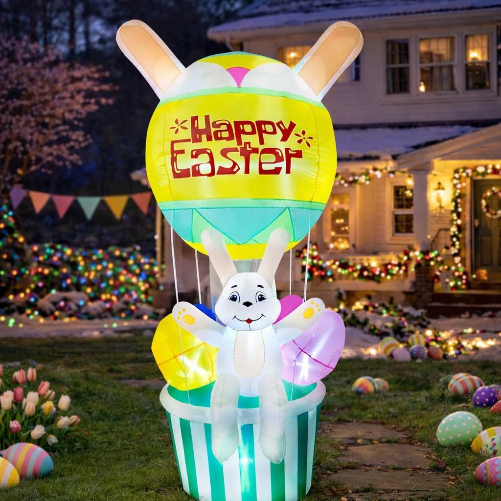 8.9FT Easter Hot Air Balloon Bunny Inflatable, Lighted Blow up Outdoor Yard Decoration with Built-In LED Lights, Includes Water Bags & Stakes