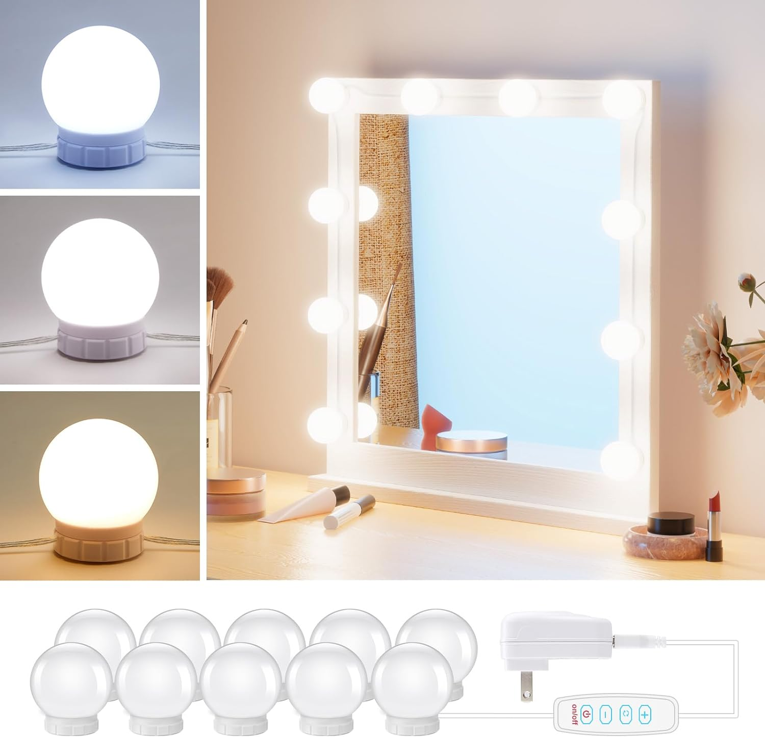 Hollywood LED Vanity Mirror Lights Kit - 10 Dimmable Bulbs for Makeup Tables