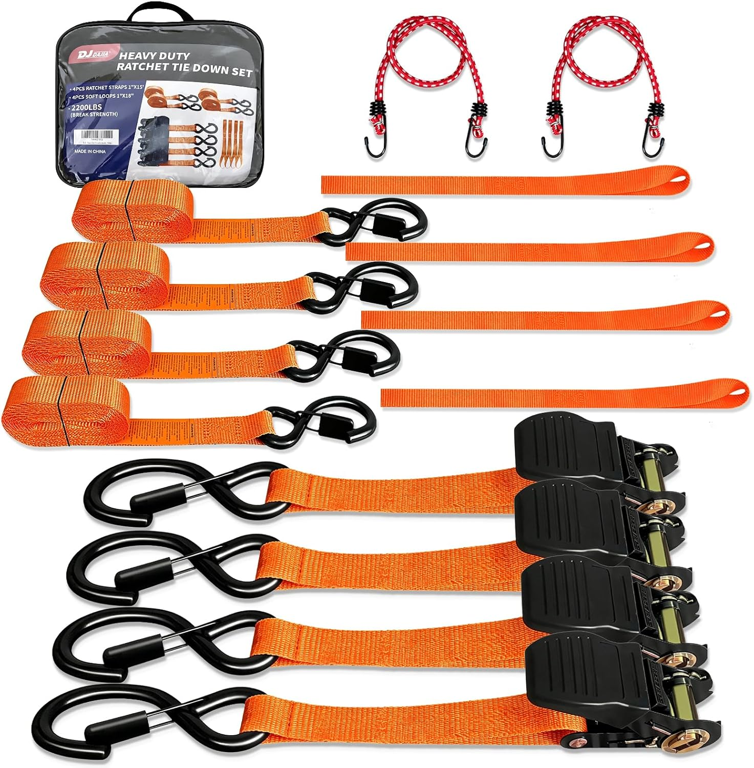 1"x15' Heavy Duty Ratchet Tie Down Straps 4 Pack 2200LB S Hooks Soft Loops