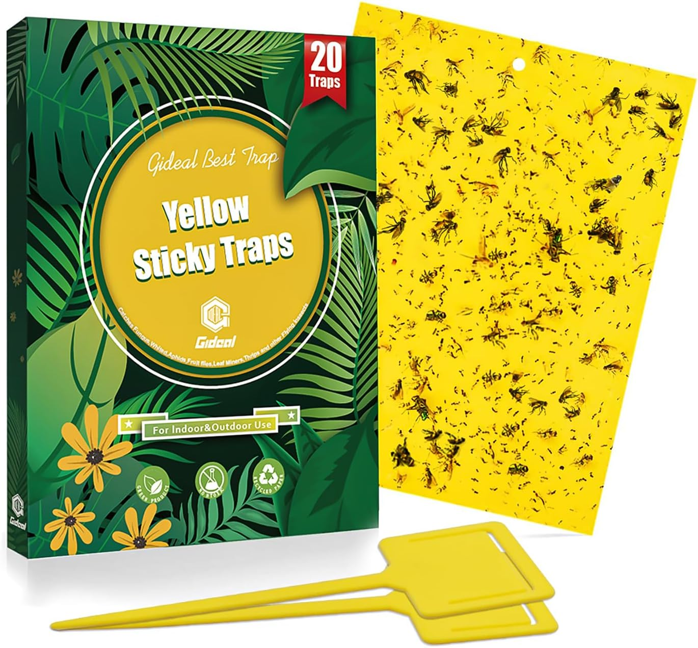 20-Pack Dual-Sided Yellow Sticky Traps for Flying Plant Insect Such as Fungus Gnats, Whiteflies, Aphids, Leafminers,Thrips - (6X8 Inches, Included 20Pcs Twist Ties)