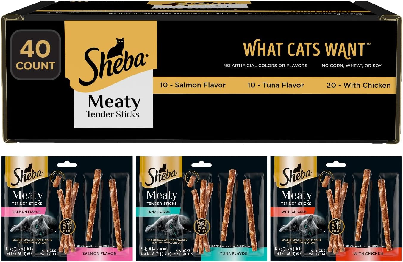Sheba Meaty Tender Sticks Soft Cat Treats Chicken, Tuna, and Salmon Flavor, 0.14 Oz., 40 Sticks
