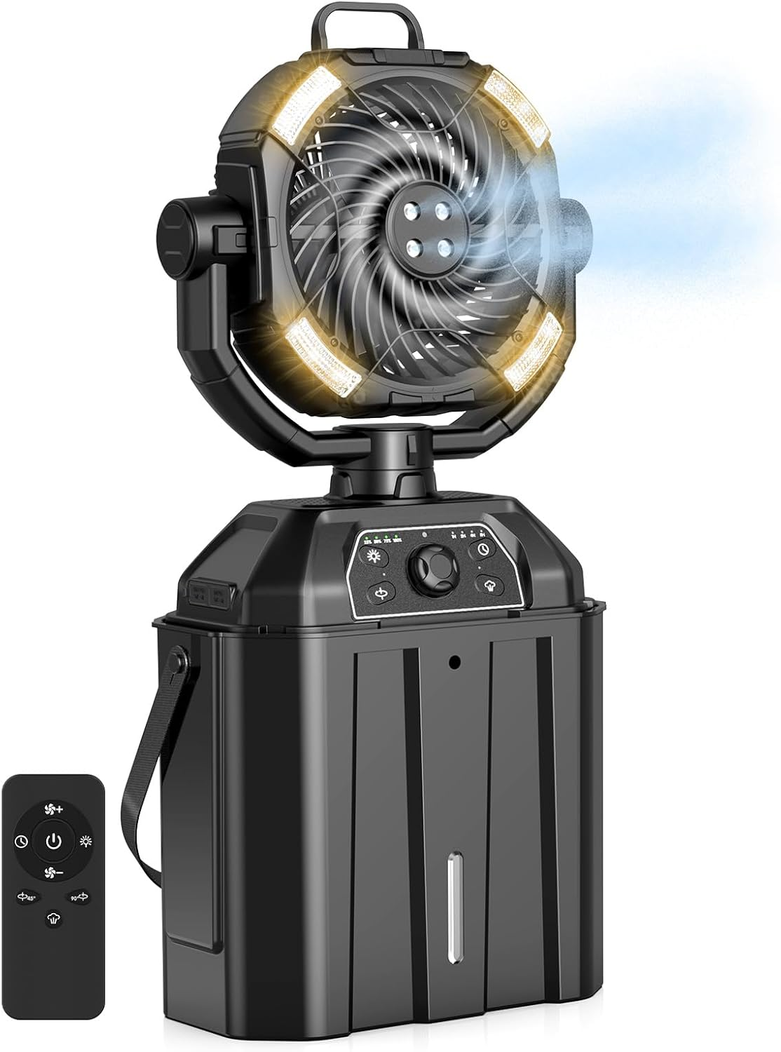 Misting Fan Portable 6L Bucket 20000Mah Rechargeable Camping Fan with LED Light Remote & Hook Floor Battery Powered Cooling Outdoor Fans for Patios Camping, 4 Spray Mister, Black