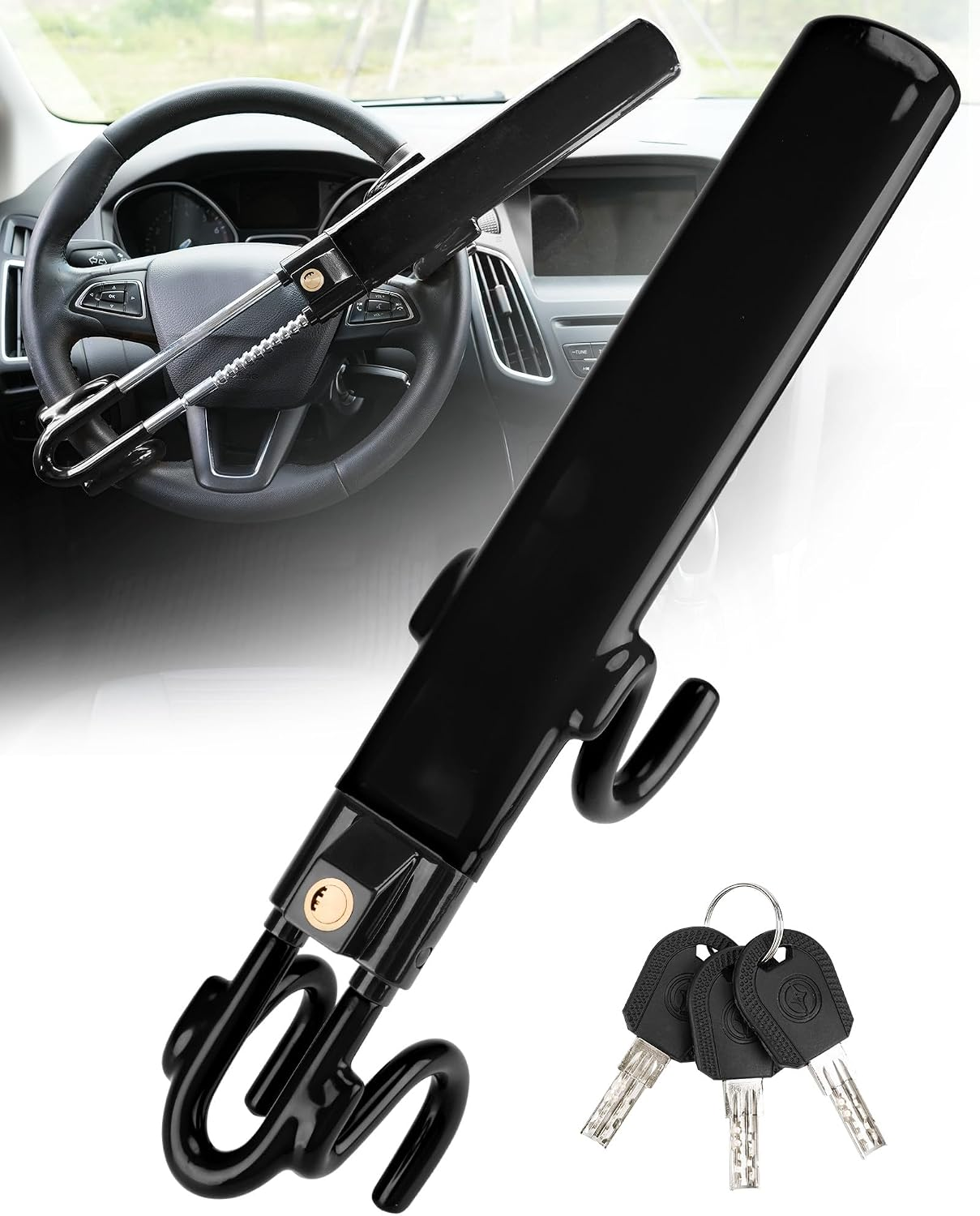 Steering Wheel Lock Anti-Theft Car Device Heavy Duty Security Car Lock Antitheft Locking Devices Great Deterrent Adjustable Car Wheel Lock Anti Theft for Vehicle Truck with 3 Keys(Black)