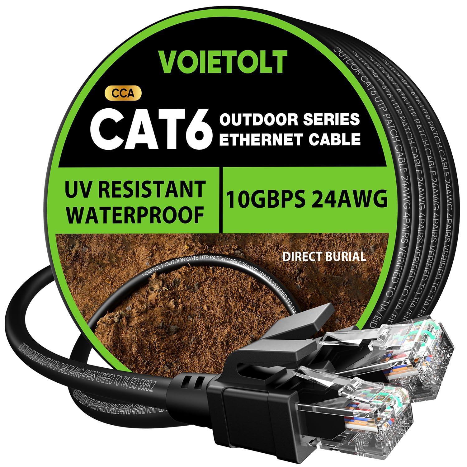 Cat 6 Outdoor Ethernet Cable 150 Ft, 24AWG 10Gbps Cat6 Cable Cord Waterproof Direct Burial LLDPE UV Jacket, Internet Network Cable with 40 Ties Support Cat6 Cat5E Cat5, CCA, UTP for PC