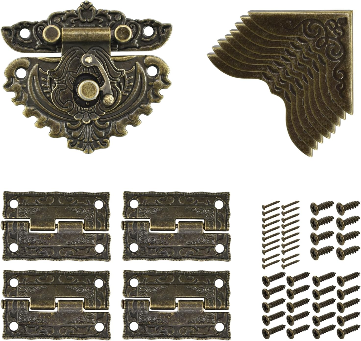 Antique Engraved Decorative Hasp Latch Hasp Hinges and Box Corner Protectors for Jewelry Box Cabinet Drawer Decoration and Repair