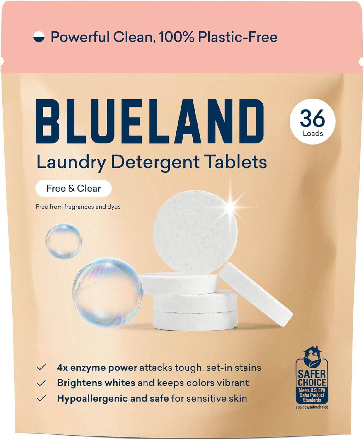 Laundry Detergent Tablets, 36 Count, Plastic-Free Eco-Friendly Pods, Sheets, Liquid Alternative - Fragrance Free and Clear, Natural, Gentle