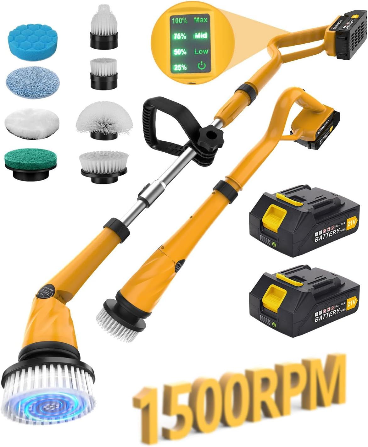 1500 RPM Electric Spin Scrubber with Two Batteries Q2 Pro, Cordless Battery Powered Shower Scrubber,Electric Tile Floor Scrubber with Display for Grout/Tile/Tub (Effortless Handle/8 Brushes)