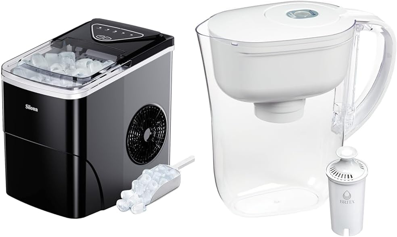 Ice Maker Countertop & Brita Water Filter Pitcher for Tap and Drinking Water with 1 Standard Filter, Lasts 2 Months, 6-Cup Capacity, BPA Free, White