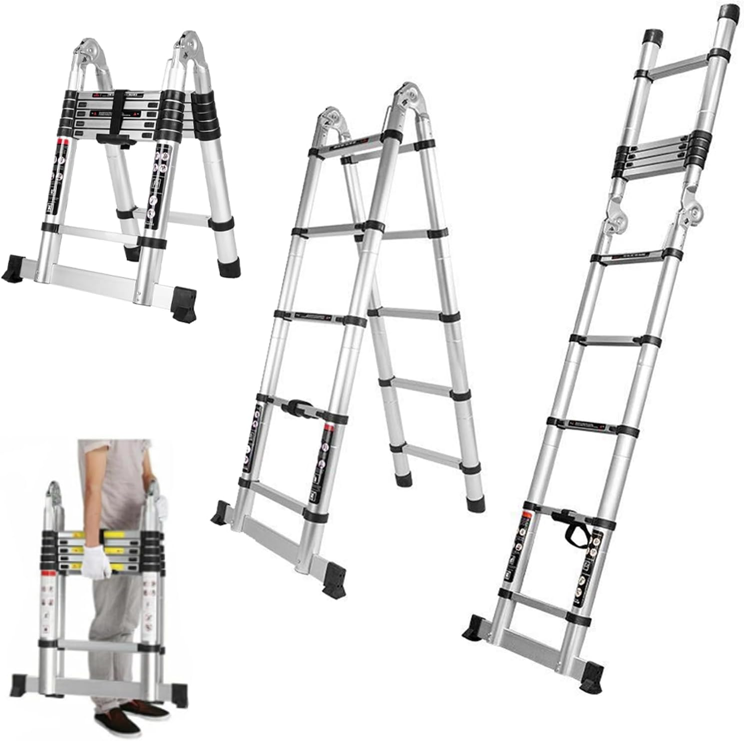 3.2M/3.8M/4.4M/5.0M Telescopic Ladder Multi-Purpose Telescopic Aluminum A-Frame Ladder, 330 Lbs Capacity, Lightweight, Durable, and Compact for Home and Work (3.2M)
