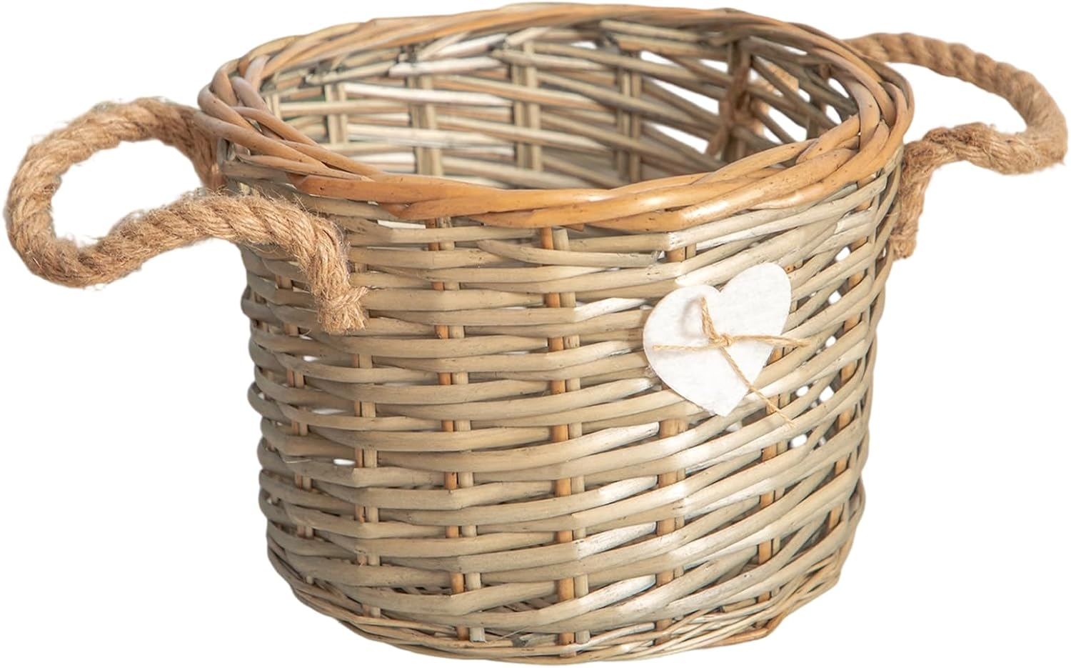 Hand Woven Grey Heart-Shaped Willow Storage Basket with Jute Rope, Decorative Organizer for Home, Office, Bathroom