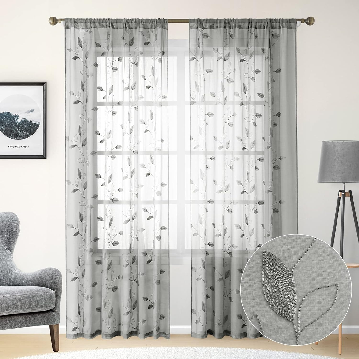 Light Grey/Gray Sheer Curtains 52 X 84 Inches Long 2 Panels Embroidered Leaf Pattern Pocket Faux Linen Floral Semi Sheer Voile Window Curtains/Drapes for Bedroom Living Room