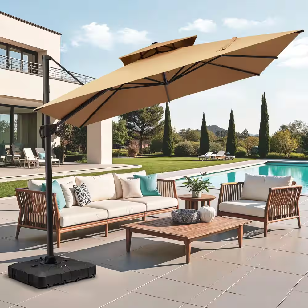 11 Ft. X 11 Ft. Double Top Aluminum 360° Rotation Patio Offset Cantilever Umbrella in Tan with 350 Lbs. Wheeled Base