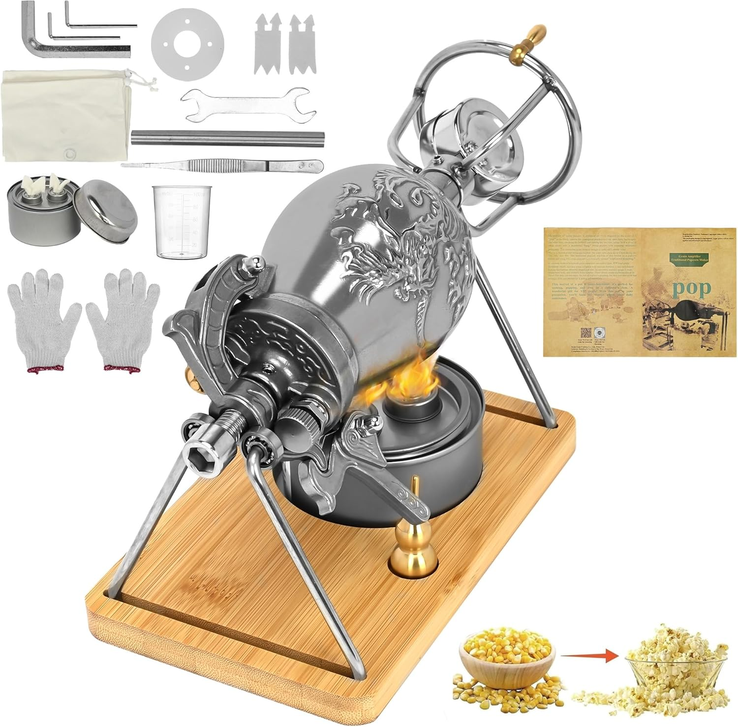 350Ml Chinese Popcorn Cannon Machine, Popcorn Pressure Cooker, Chinese Pressure Popcorn Maker, Retro Popcorn Popper, Double Valve Hand Popcorn Machine for Family Gathering Party Fun with Cotton Bag