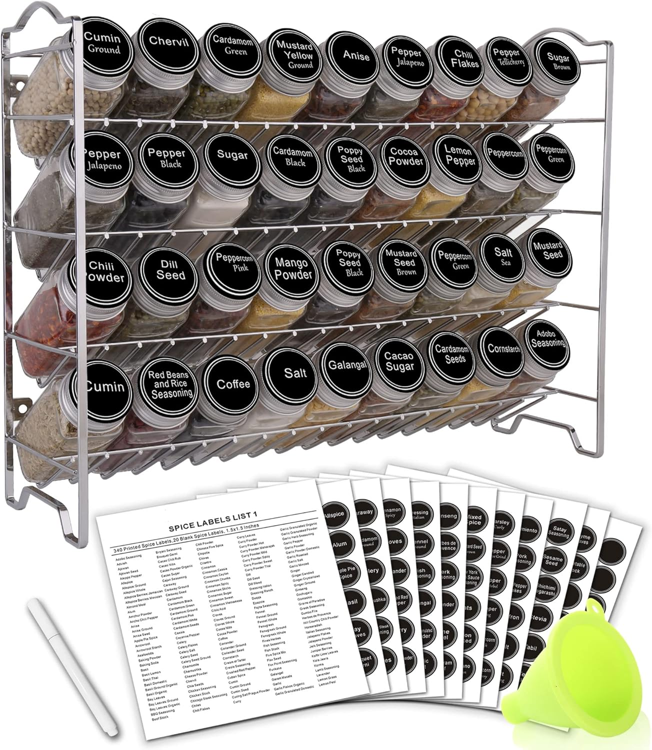 Spice Rack Organizer with 36 Empty Square Spice Jars, 396 Spice Labels with Chal