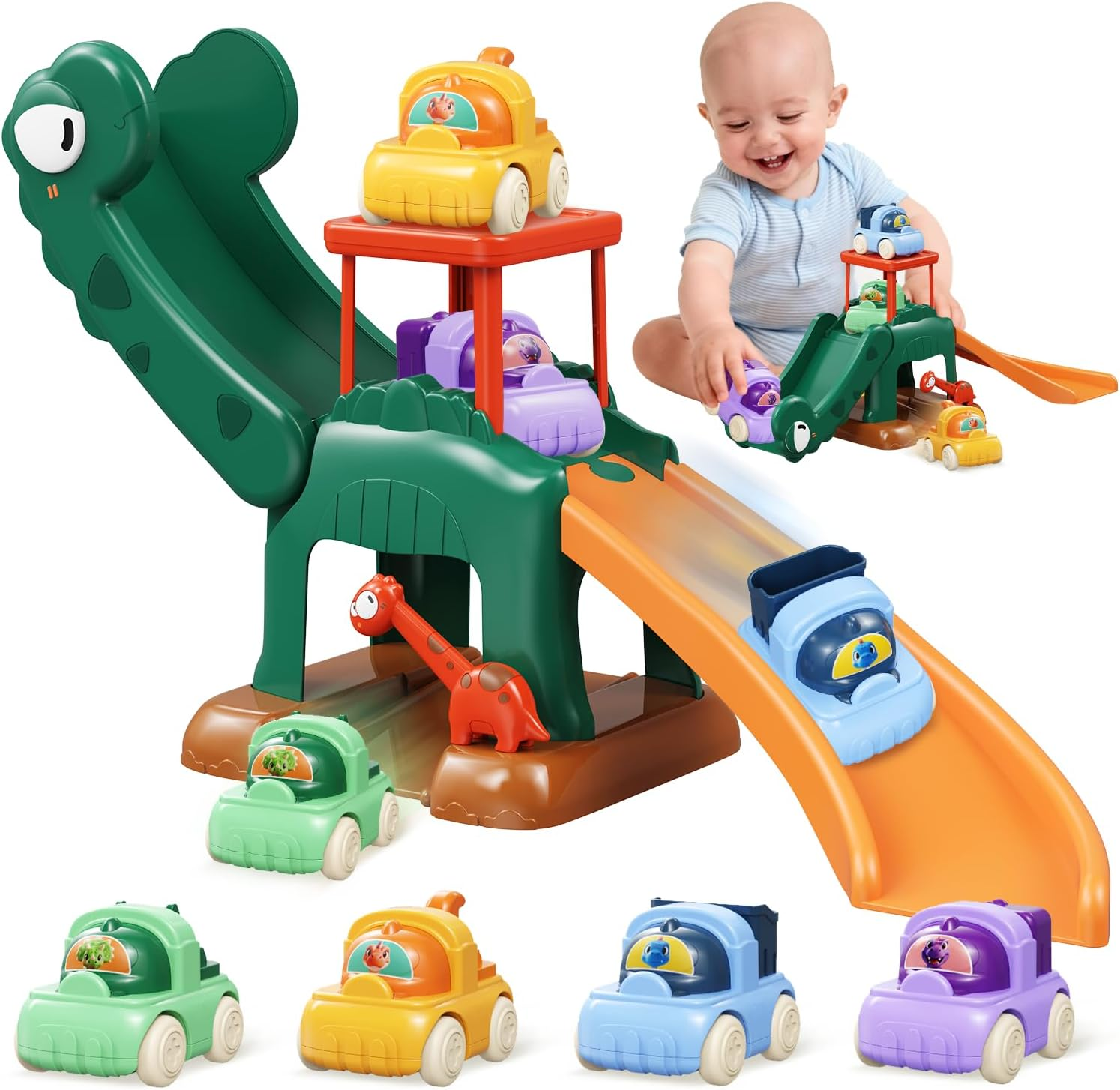 Toddler Toys for 1 2 Year Old Boys Educational Dinosaur Slide Toys with 4 Push Car Toys for Baby 12-18 Months,First Birthday Easter Gifts for Kids,Montessori Learning Race Car Track Ages 1-2 (Green)
