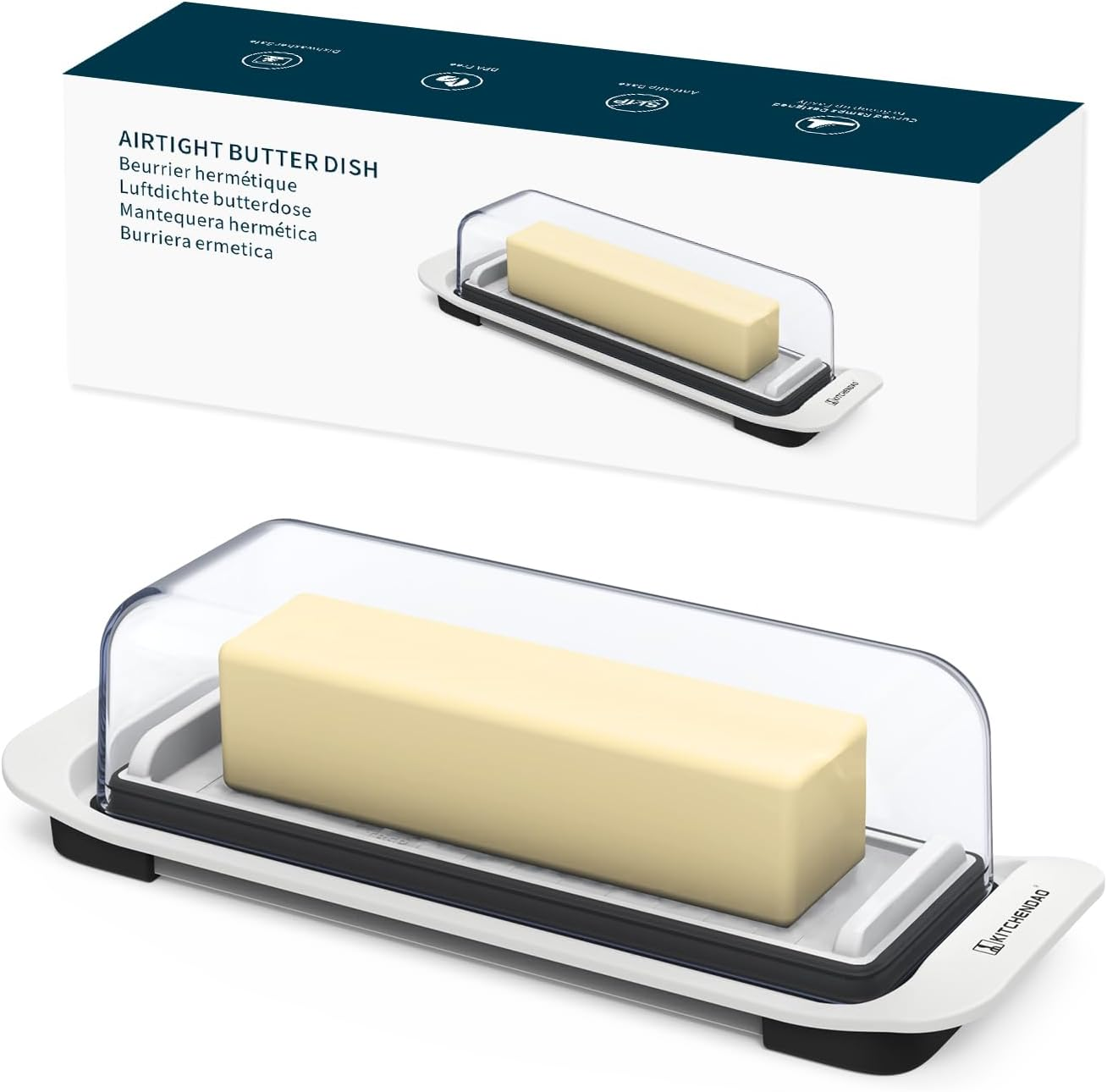 KITCHENDAO Airtight Butter Dish with Lid for Countertop and Refrigerator Door Shelf, Butter Keeper, Plastic Butter Holder Tray Container for West/East Coast Butter, White
