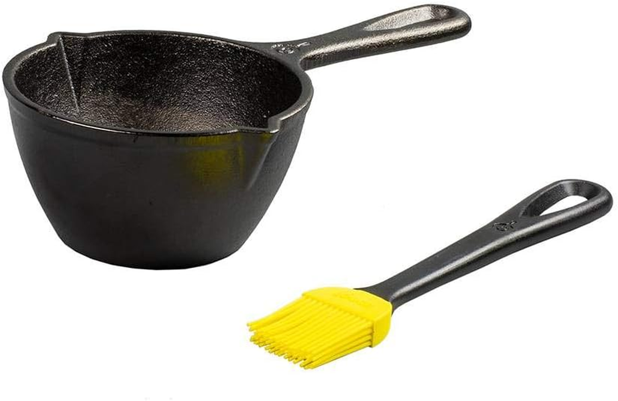 Lodge 15.2 Ounce Cast Iron Melting Pot + Silicone Basting Brush - Unparalleled Heat Retention - Heat Resistant Basting Brush up to 450° - Black and Yellow