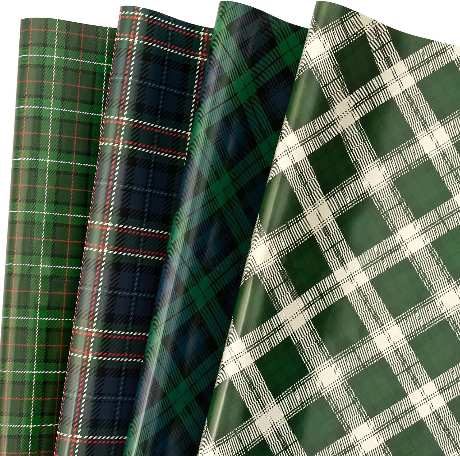 Christmas Green Wrapping Paper, 12 Folded Sheet with 4 Different Tartan Plaid Design for New Year Celebrations Holiday Gift Wrapping, 27.5 X 19.6 Inches per Sheet